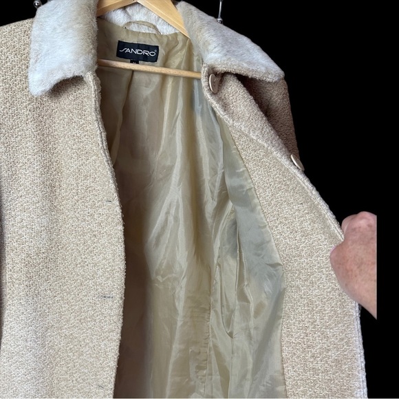 Vintage Sandro Wool Blend Tweed Winter Coat Faux Fur Collar Tan Button Front 14 - Picture 5 of 9